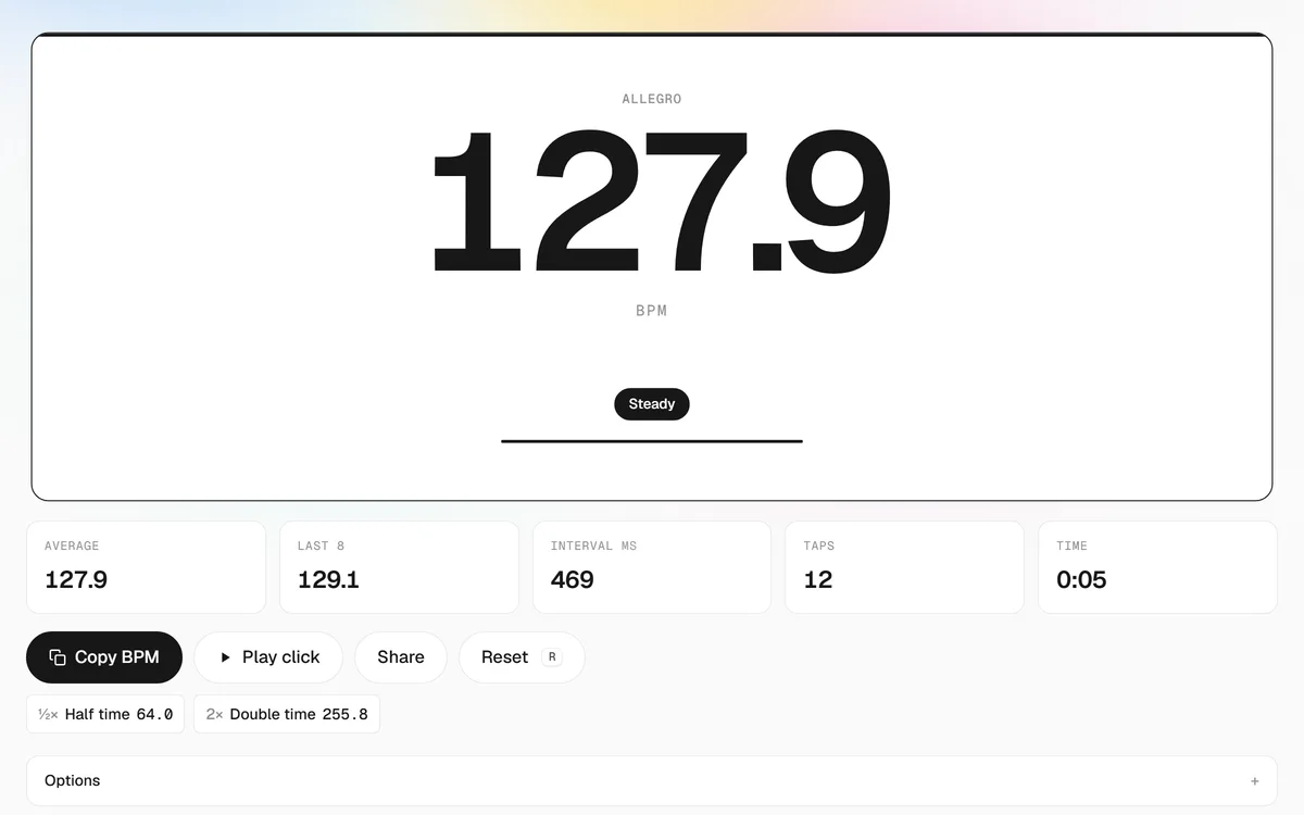 Tap tempo BPM counter showing a steady 127.9 BPM after 12 taps